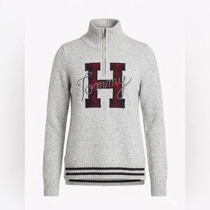 Tommy Hilfiger Grey Quarter-Zip Sweater Red Plaid Logo